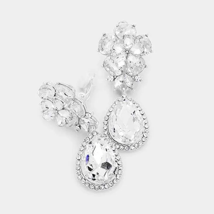 Flower Clear Crystal Teardrop Dangle Silver Clip On Earrings