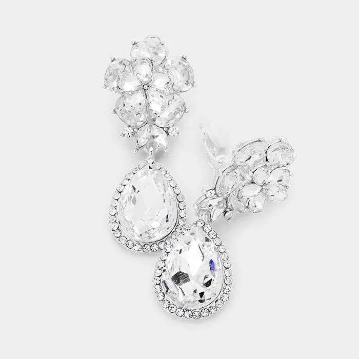 Flower Clear Crystal Teardrop Dangle Silver Clip On Earrings
