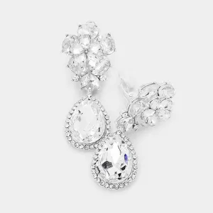 Flower Clear Crystal Teardrop Dangle Silver Clip On Earrings