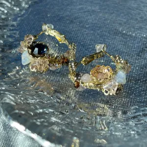 Flower Hoop Gemstone Gold Earrings
