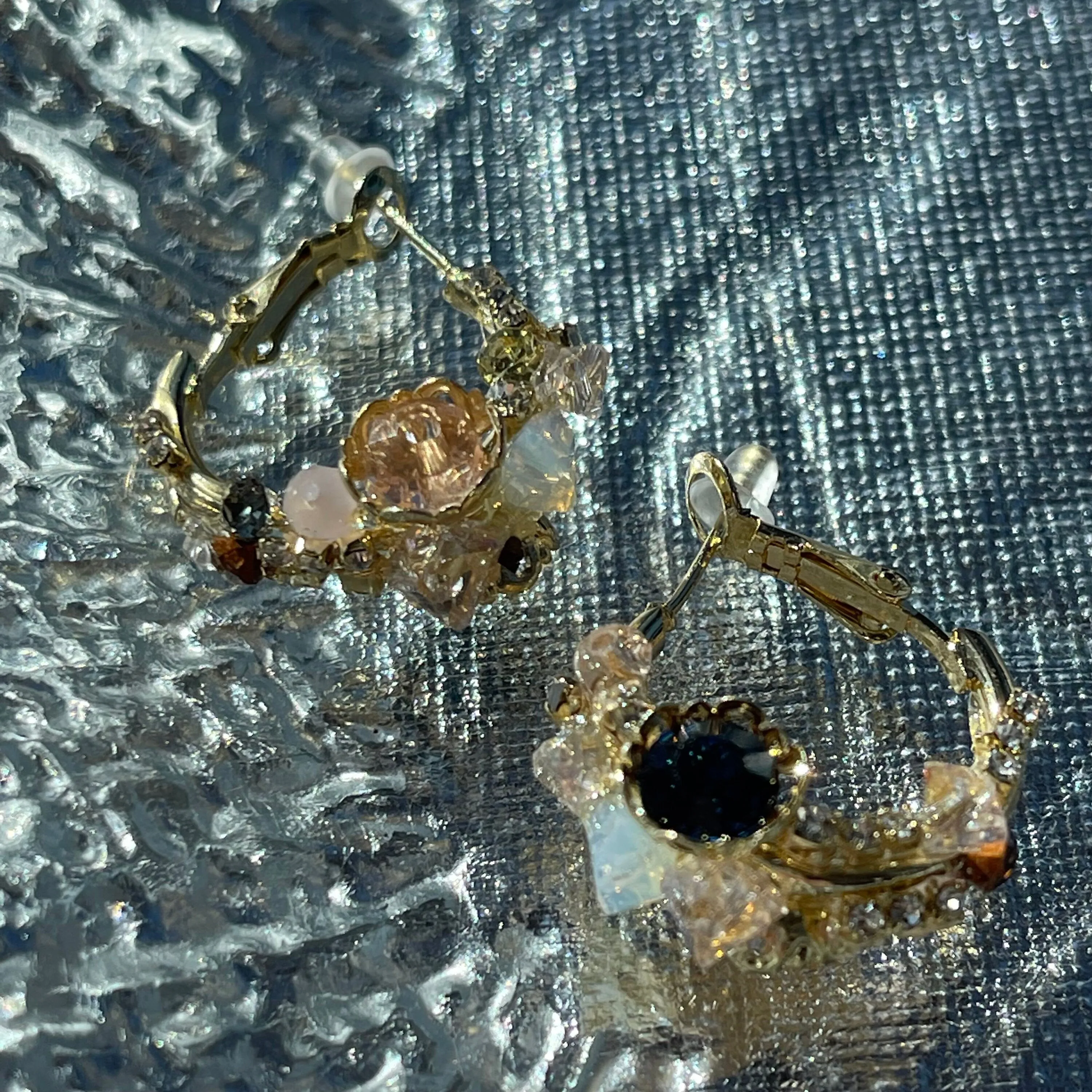 Flower Hoop Gemstone Gold Earrings