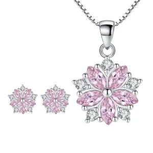 Flower Necklace and Earrings (Silver, Stud)