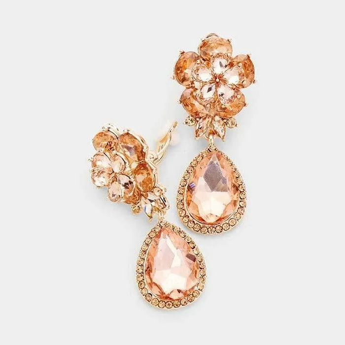 Flower Peach Crystal Teardrop Dangle Clip on Earrings