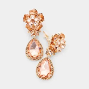 Flower Peach Crystal Teardrop Dangle Clip on Earrings
