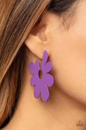 Flower Power Fantasy - Purple - Asymmetrical Flower Paparazzi Hoop Earrings - 2023 Empower Me Pink Exclusive