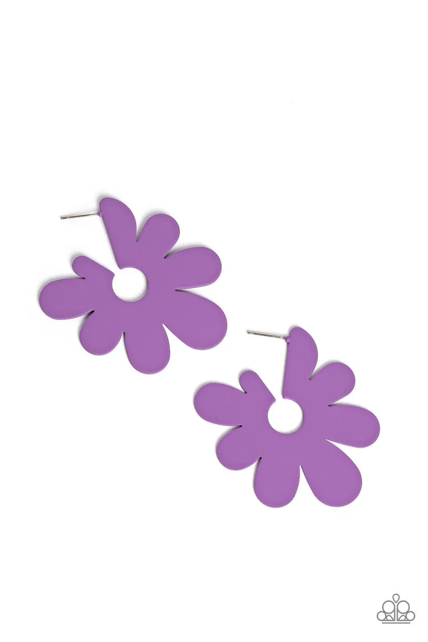 Flower Power Fantasy - Purple - Asymmetrical Flower Paparazzi Hoop Earrings - 2023 Empower Me Pink Exclusive
