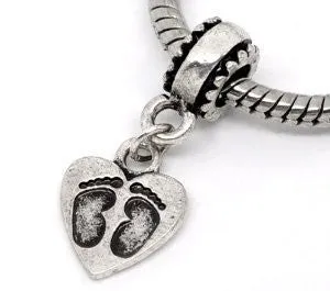 Foot Print on Heart European Bead Compatible for Most European Snake Chain Bracelet