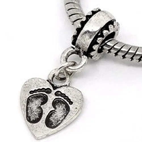 Foot Print on Heart European Bead Compatible for Most European Snake Chain Bracelet