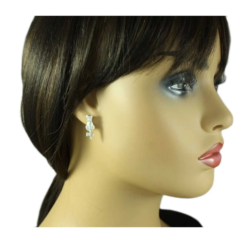 Frosted Silver-tone Cat with Crystal Bow on Tail Pierced Earring - REC409