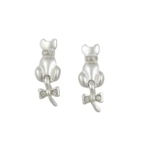 Frosted Silver-tone Cat with Crystal Bow on Tail Pierced Earring - REC409