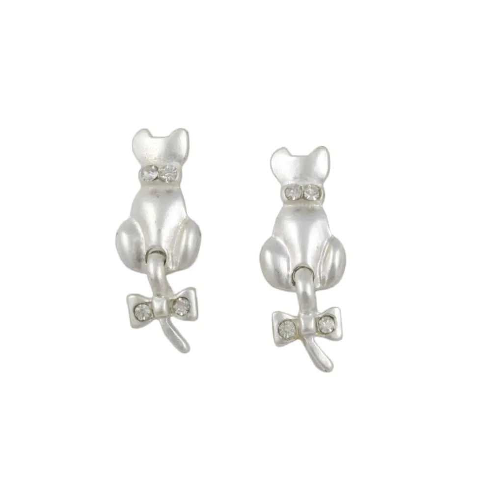 Frosted Silver-tone Cat with Crystal Bow on Tail Pierced Earring - REC409