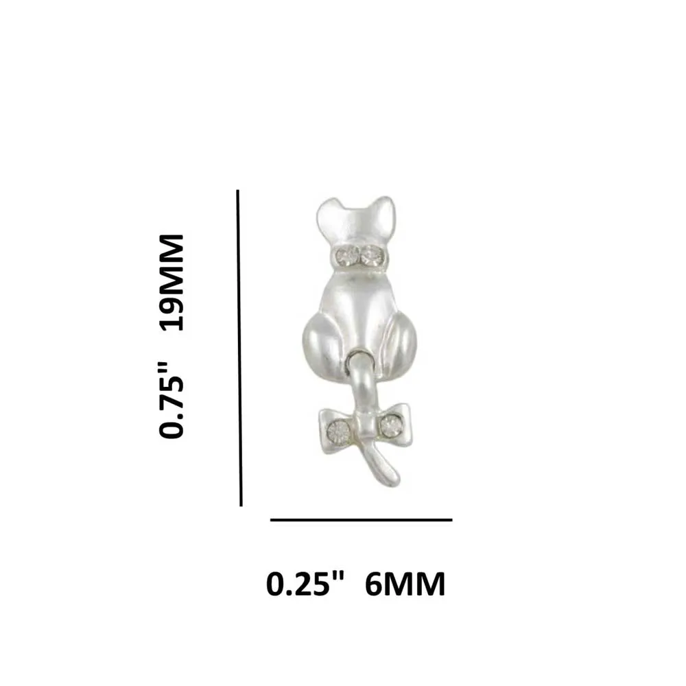 Frosted Silver-tone Cat with Crystal Bow on Tail Pierced Earring - REC409