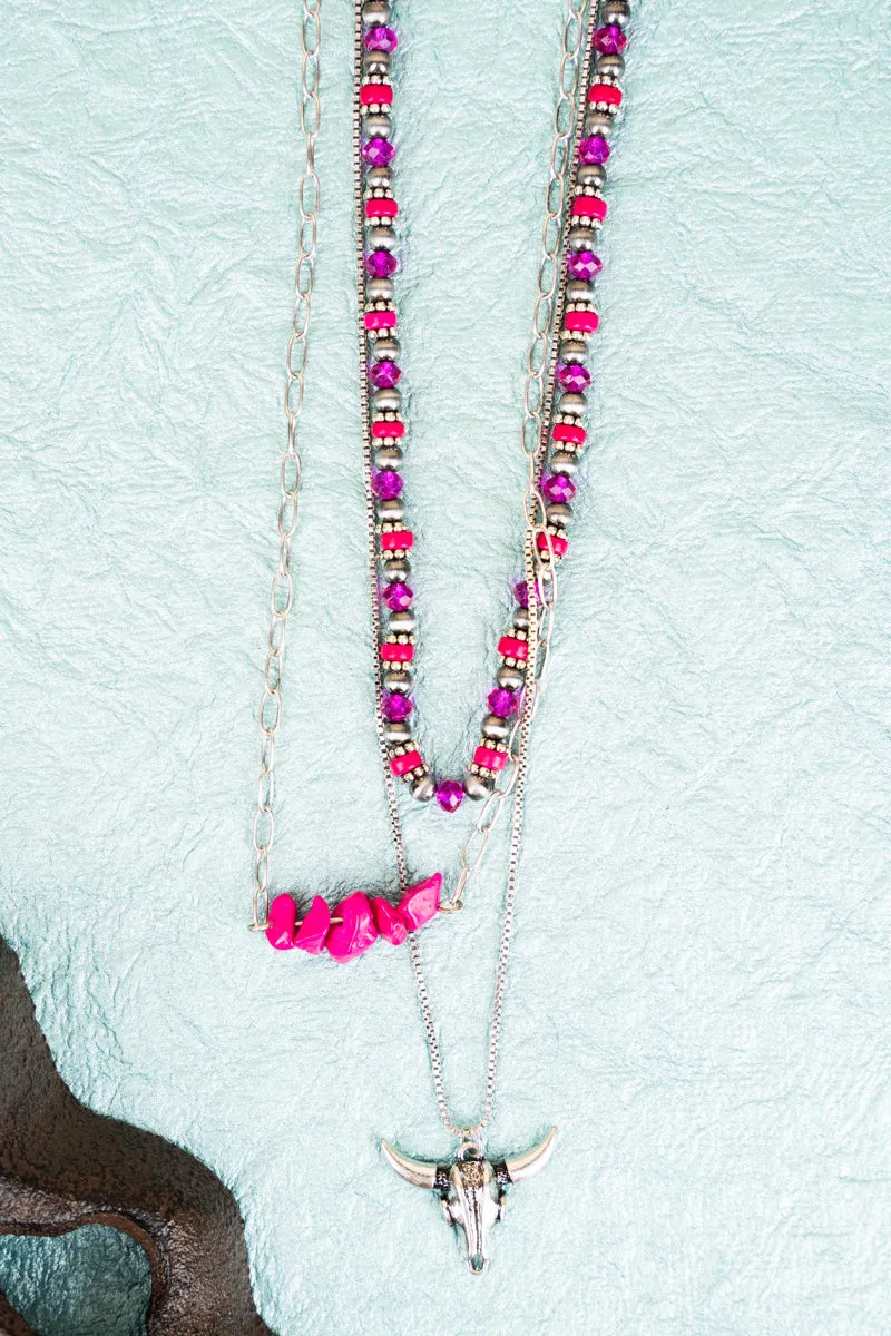 Fuchsia Silvia Steer Skull Silvertone Layered Necklace
