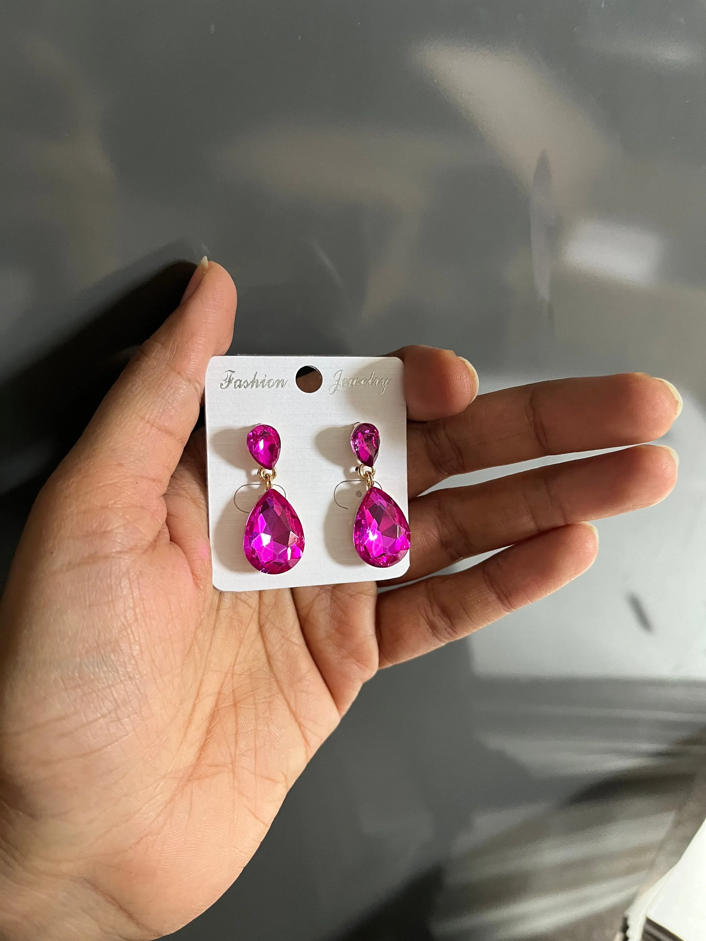 Fuchsia teardrop earrings , small fuchsia earrings , fuchsia crystal earrings , hot pink gold tone tear drop earrings