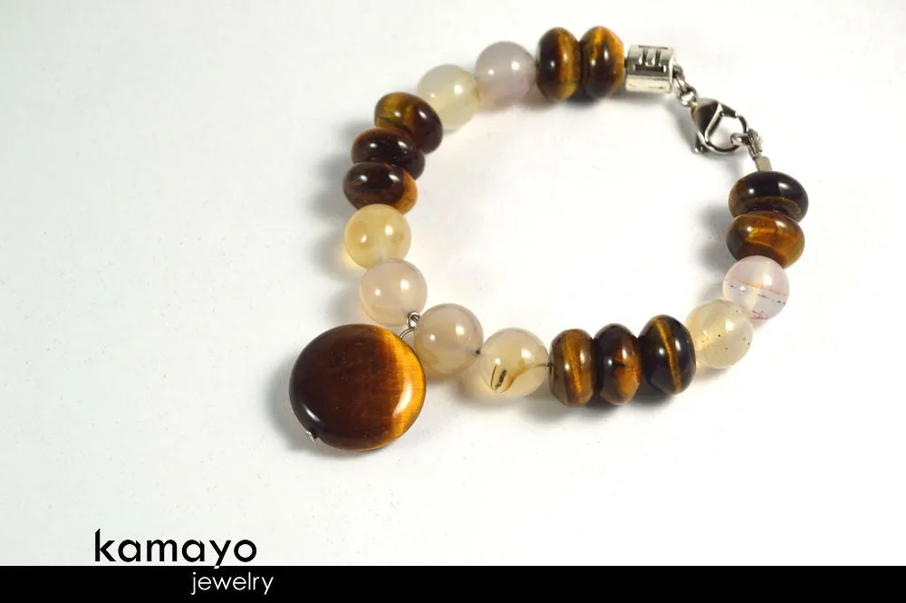 GEMINI BRACELET - Tiger Eye Pendant and Grey Agate Beads