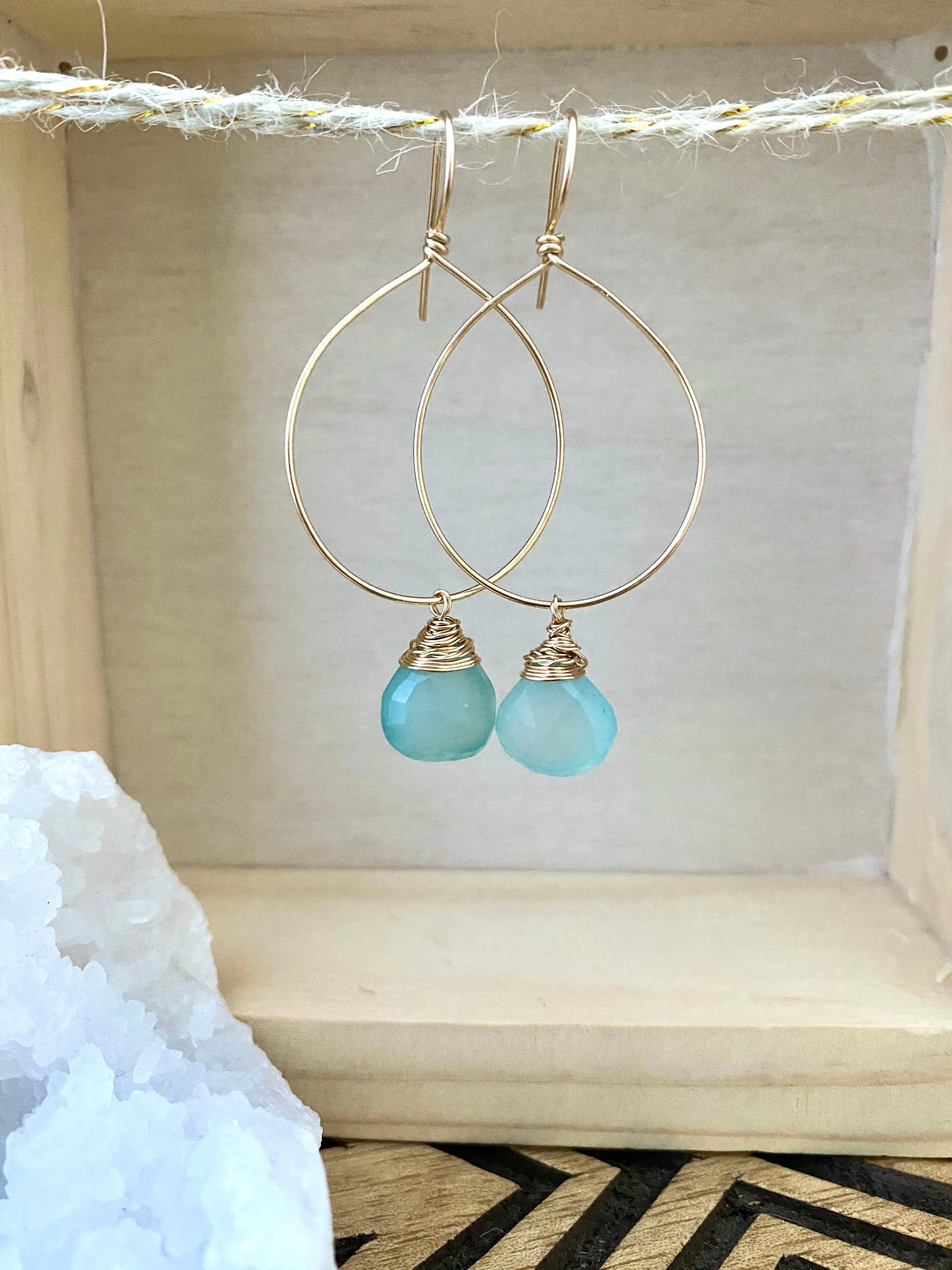 Gemstone Hoop Earrings with Aqua Blue Chalcedony Drop - Gold fill or Sterling Silver