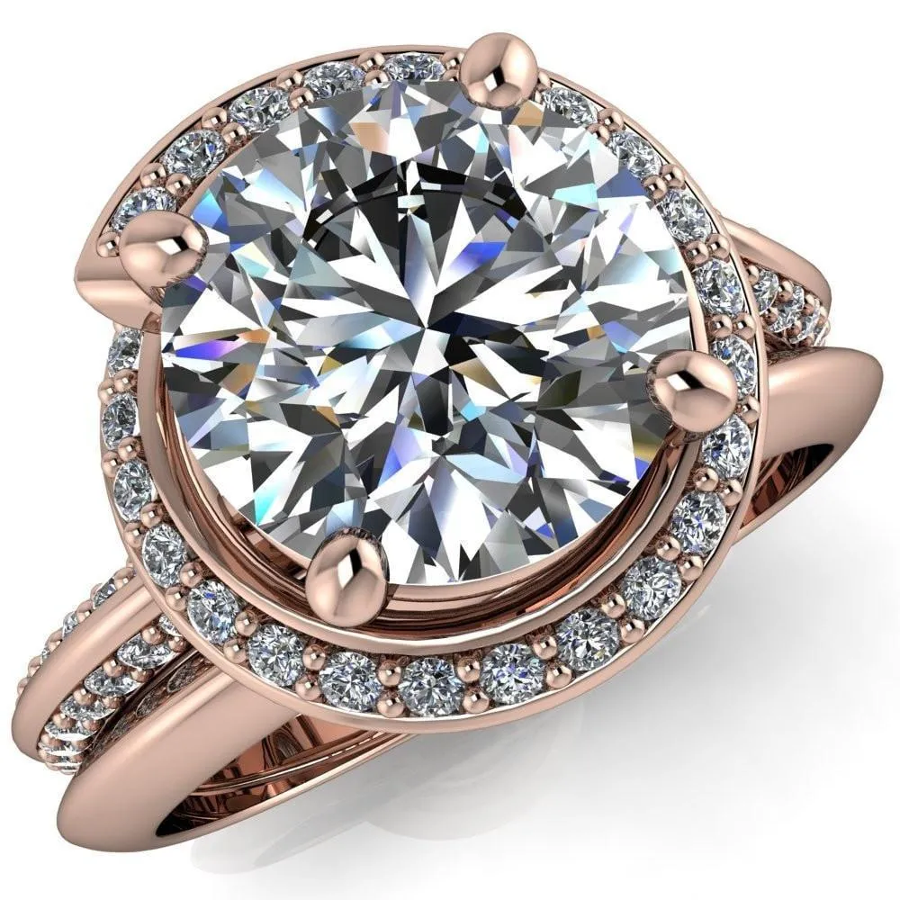 Gianna Round Center Stone and Diamond Halo Swirl Ring