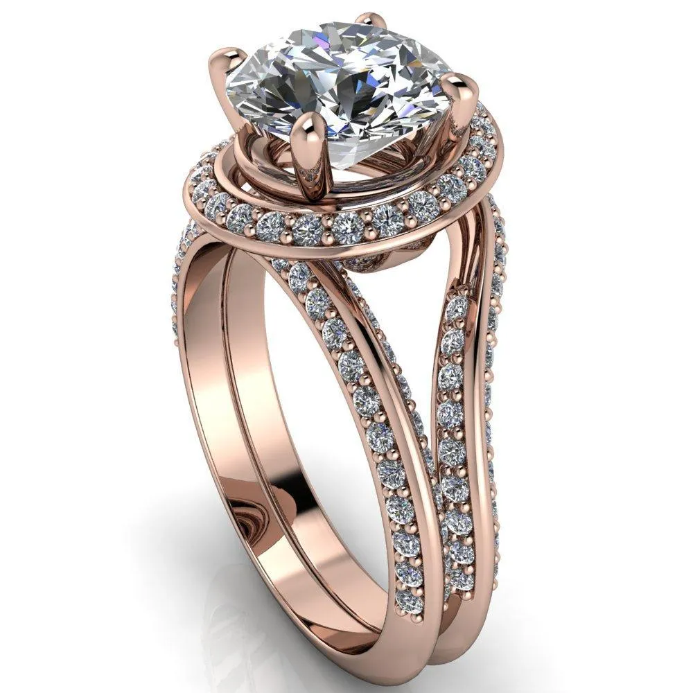 Gianna Round Center Stone and Diamond Halo Swirl Ring