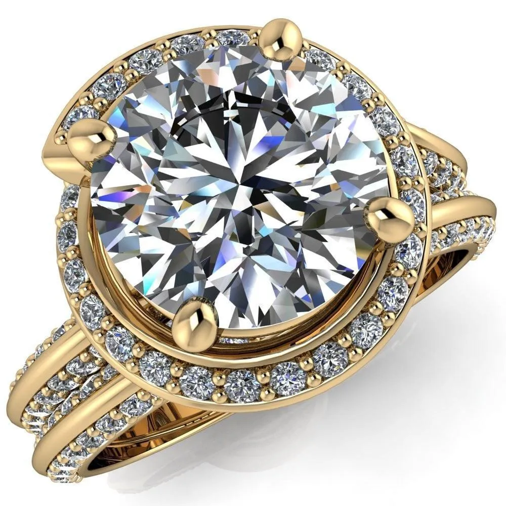 Gianna Round Center Stone and Diamond Halo Swirl Ring