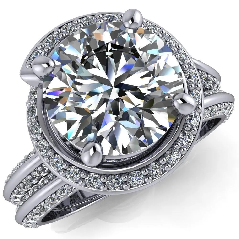 Gianna Round Center Stone and Diamond Halo Swirl Ring