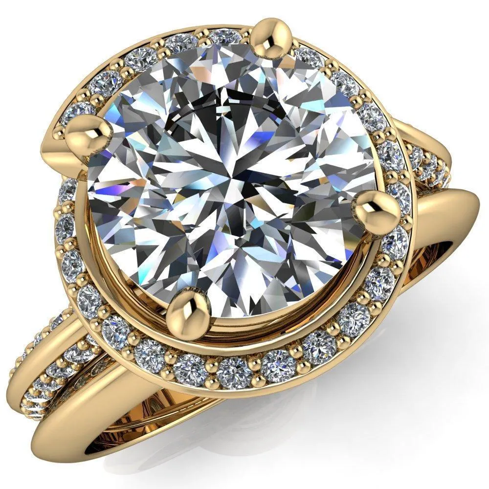Gianna Round Center Stone and Diamond Halo Swirl Ring
