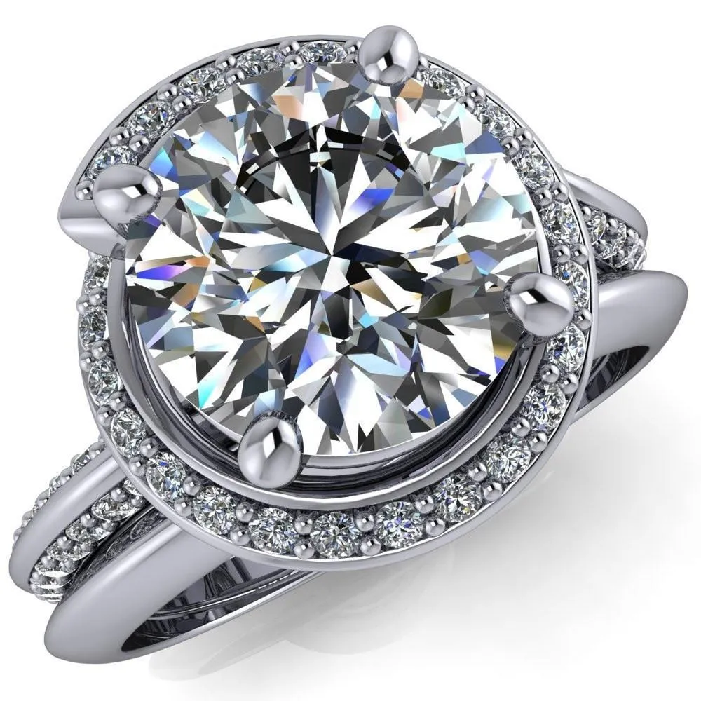 Gianna Round Center Stone and Diamond Halo Swirl Ring