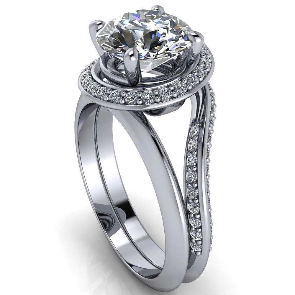 Gianna Round Center Stone and Diamond Halo Swirl Ring