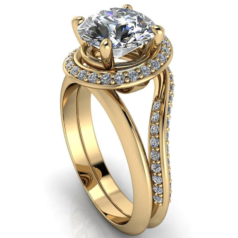 Gianna Round Center Stone and Diamond Halo Swirl Ring
