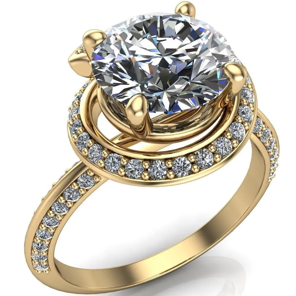 Gianna Round Center Stone and Diamond Halo Swirl Ring