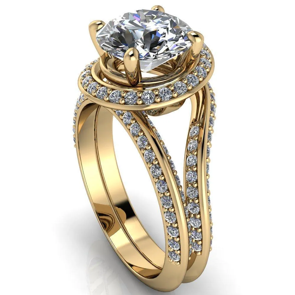 Gianna Round Center Stone and Diamond Halo Swirl Ring