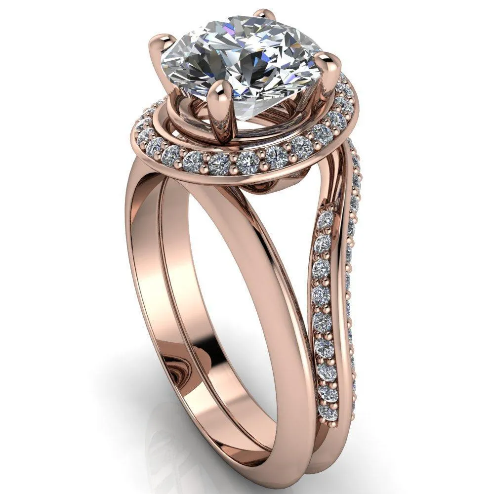 Gianna Round Center Stone and Diamond Halo Swirl Ring