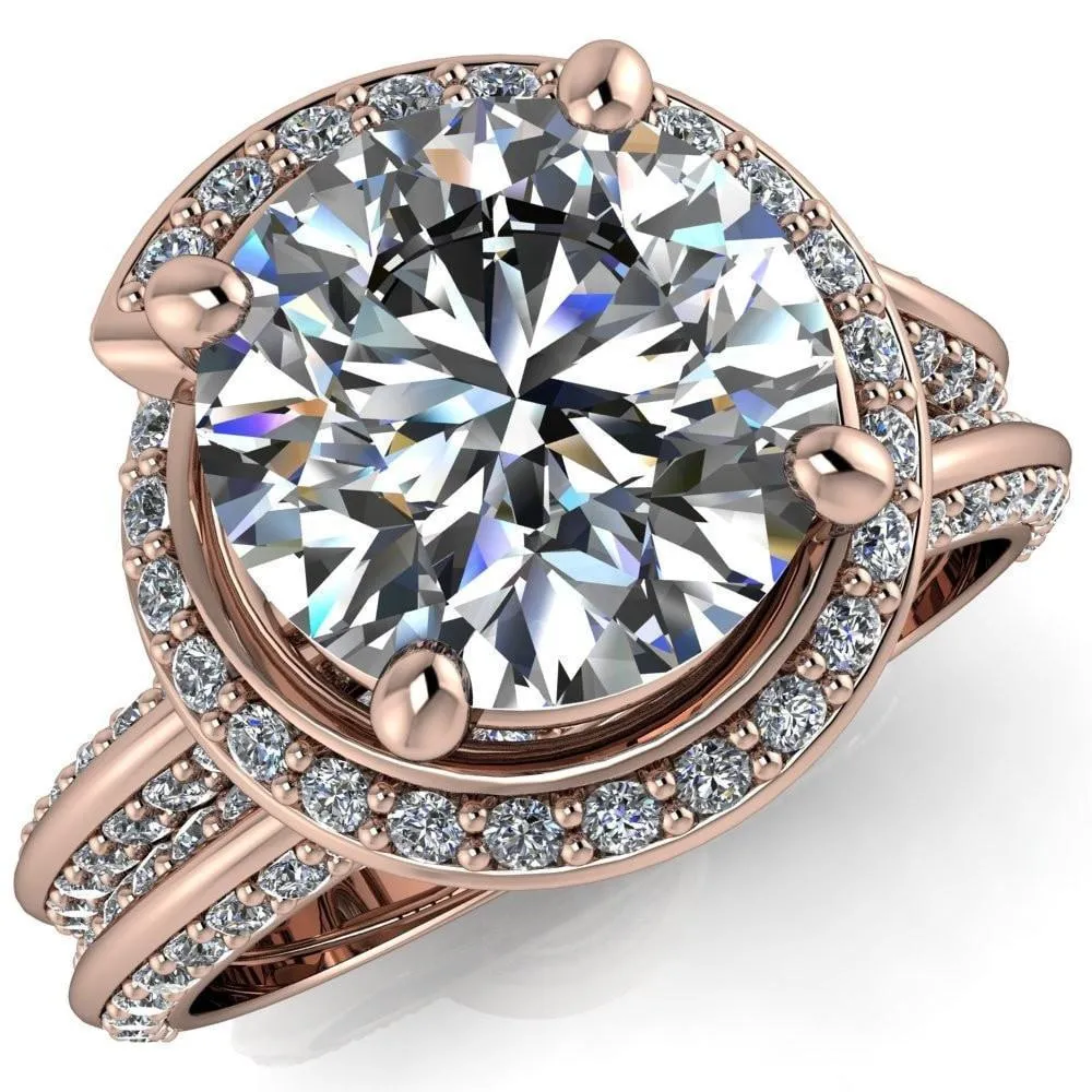 Gianna Round Center Stone and Diamond Halo Swirl Ring