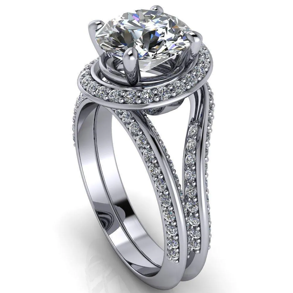 Gianna Round Center Stone and Diamond Halo Swirl Ring