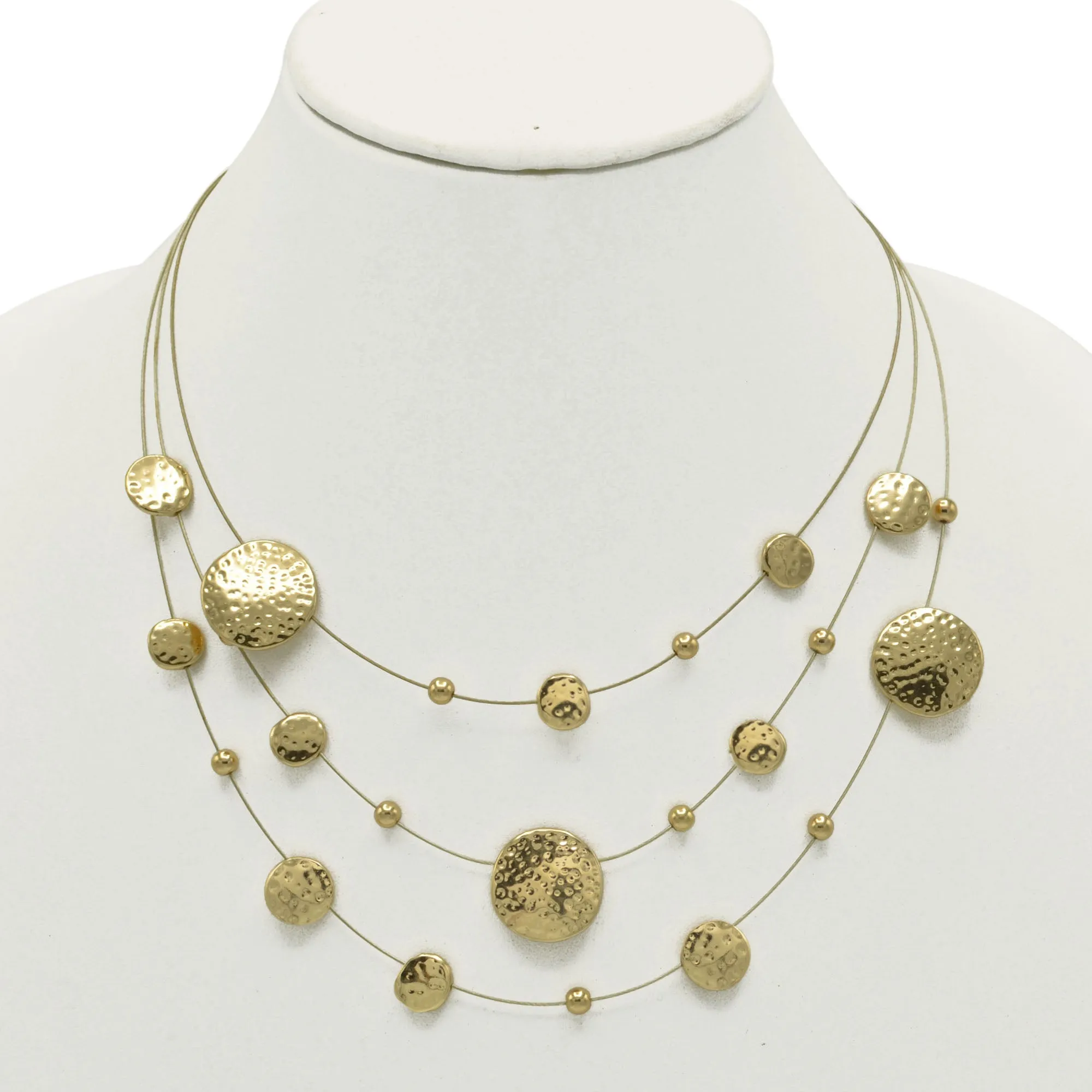 Gold 3 row Gold wire with round disc necklace and earring set #HNN E87862GD (JC6/TD12)