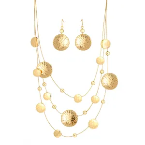 Gold 3 row Gold wire with round disc necklace and earring set #HNN E87862GD (JC6/TD12)