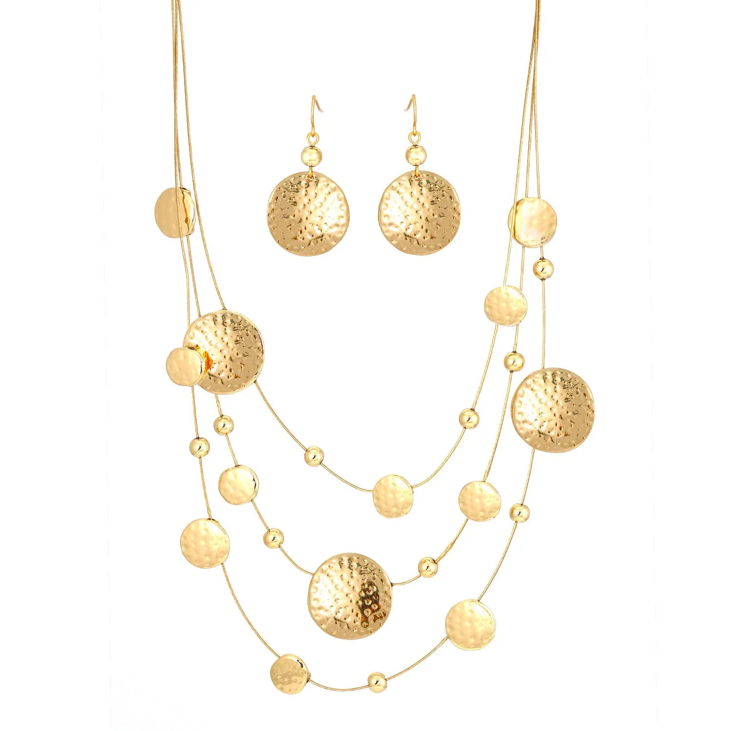 Gold 3 row Gold wire with round disc necklace and earring set #HNN E87862GD (JC6/TD12)