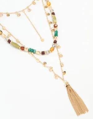 Gold Beaded Tassel Layered Necklace