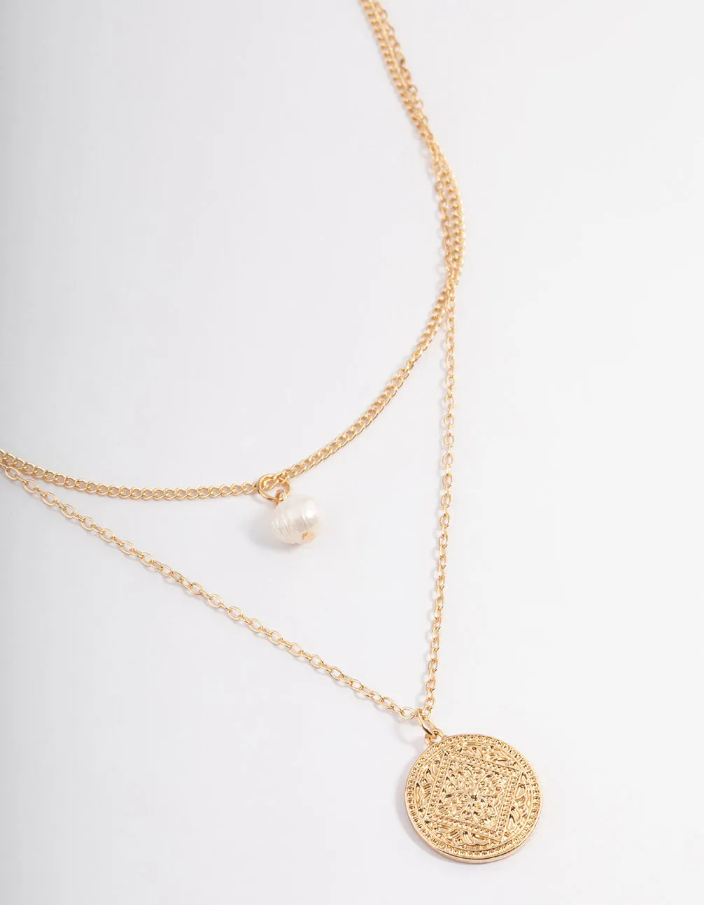 Gold Freshwater Pearl & Ornate Disc Necklace
