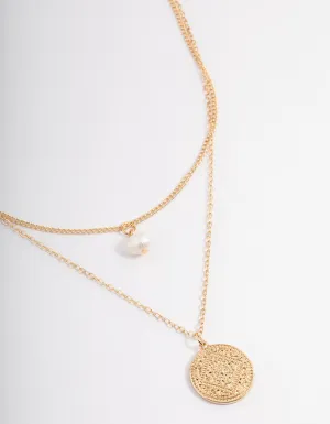 Gold Freshwater Pearl & Ornate Disc Necklace