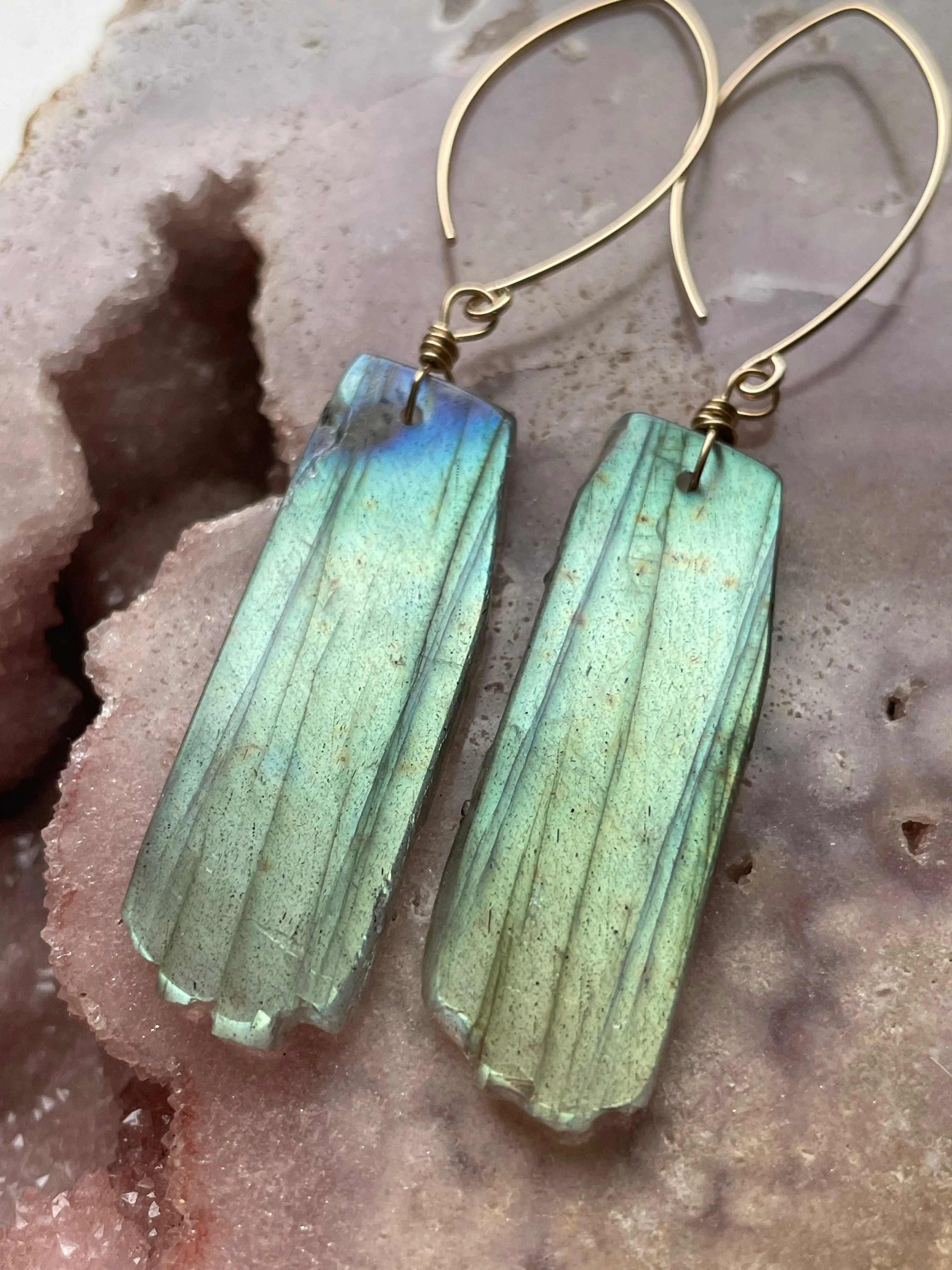 Gold Labradorite Dangle Drop Crystal Earrings