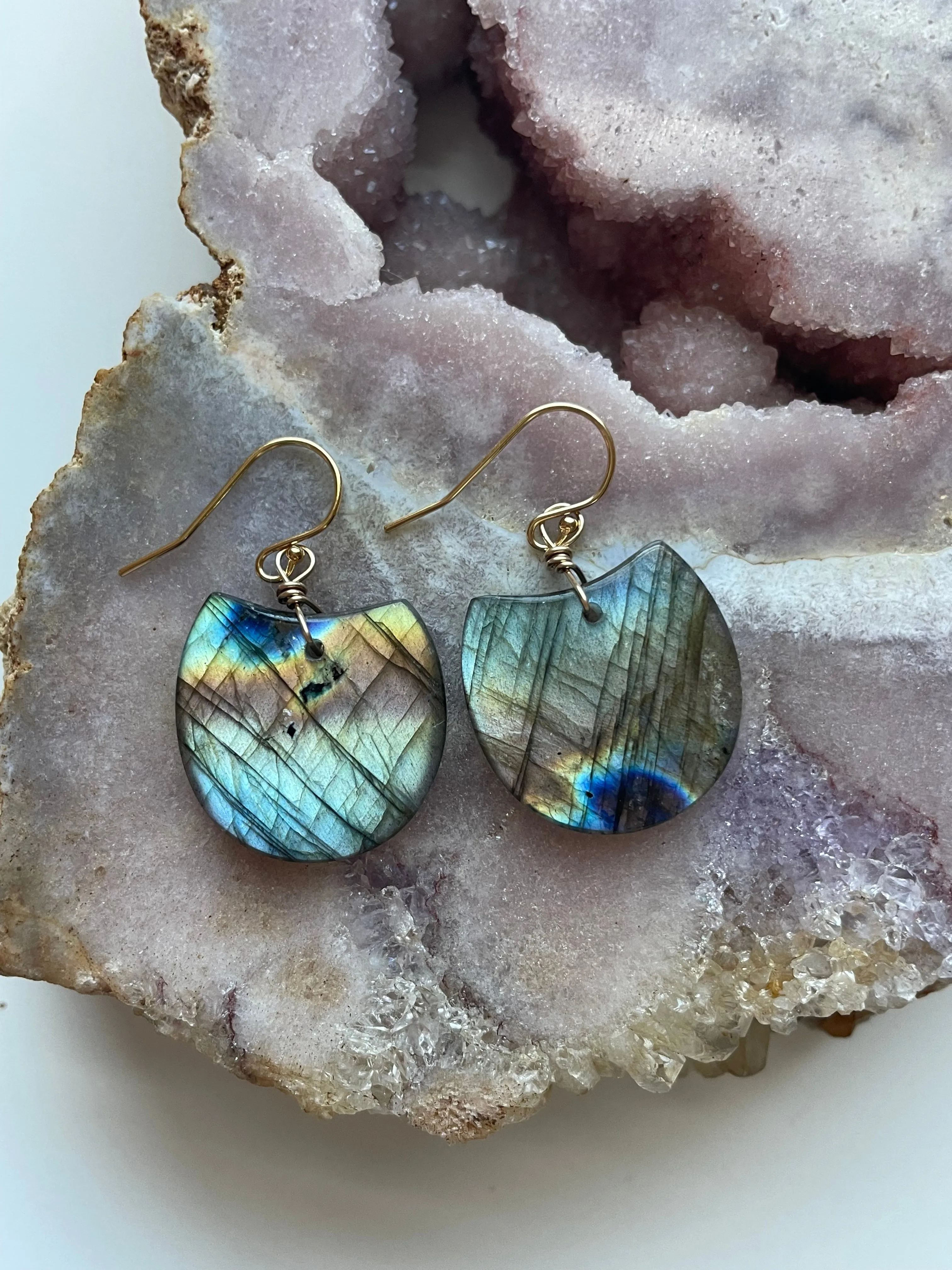 Gold Labradorite Dangle Drop Crystal Earrings