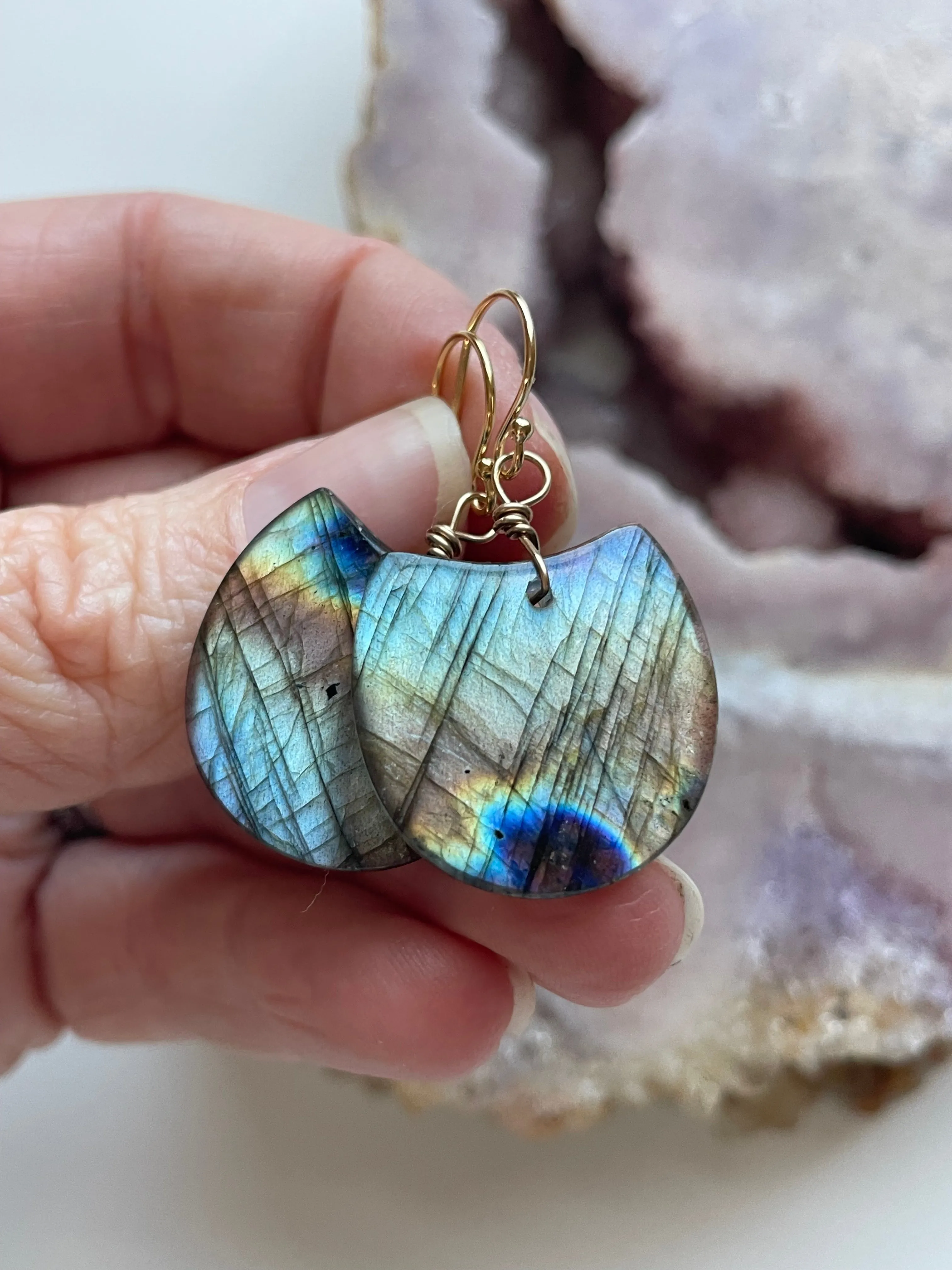 Gold Labradorite Dangle Drop Crystal Earrings