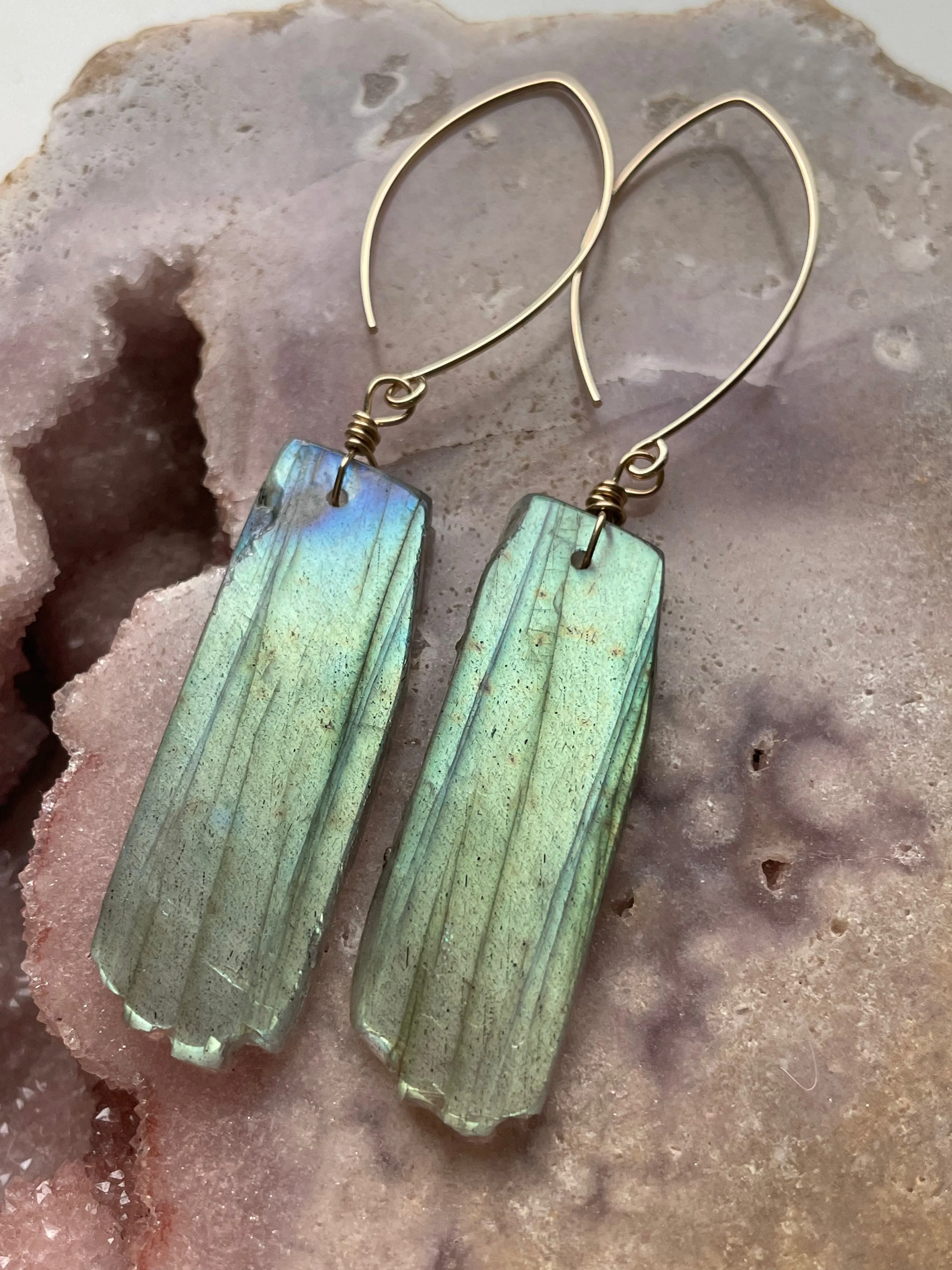 Gold Labradorite Dangle Drop Crystal Earrings