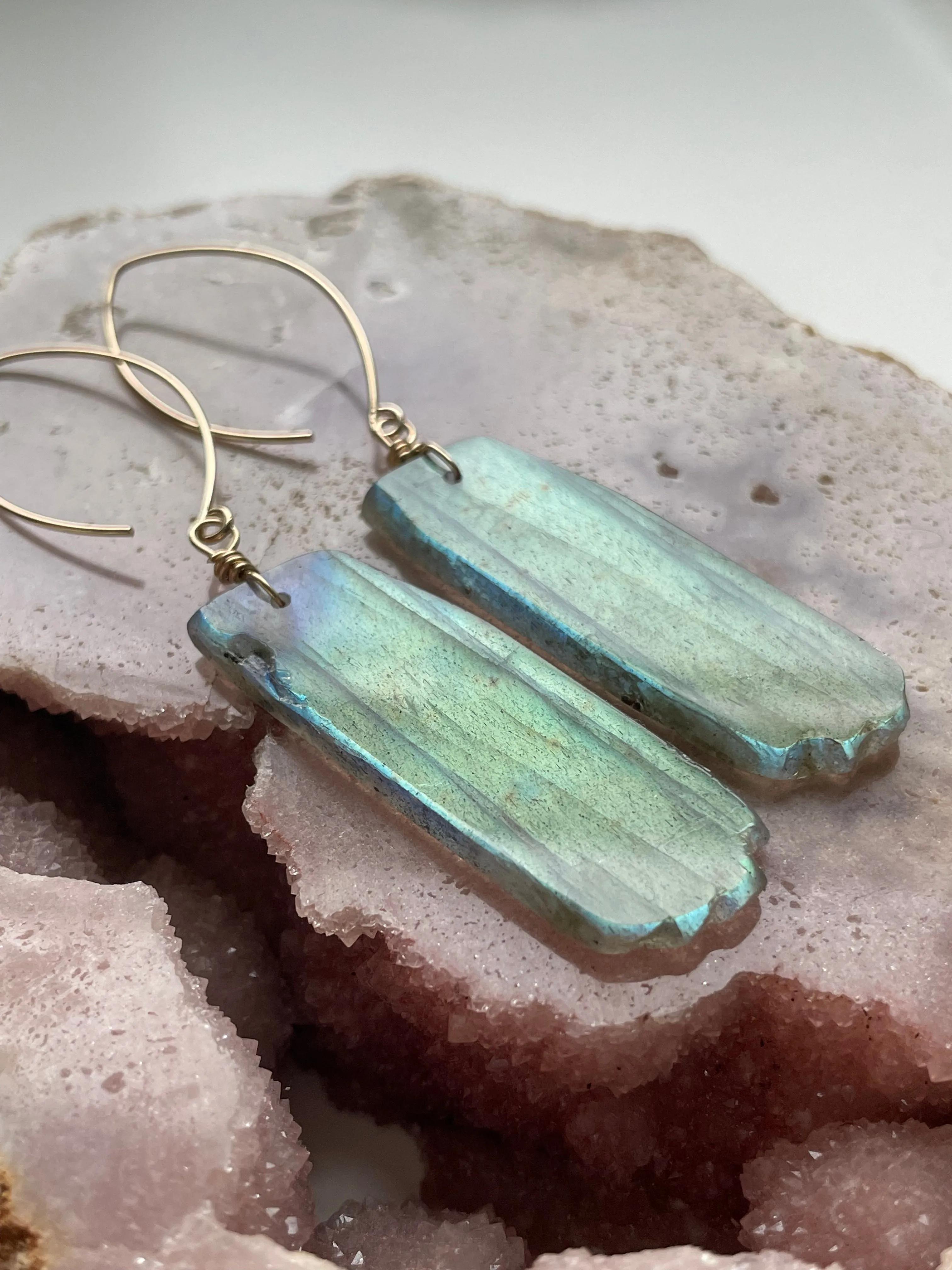 Gold Labradorite Dangle Drop Crystal Earrings