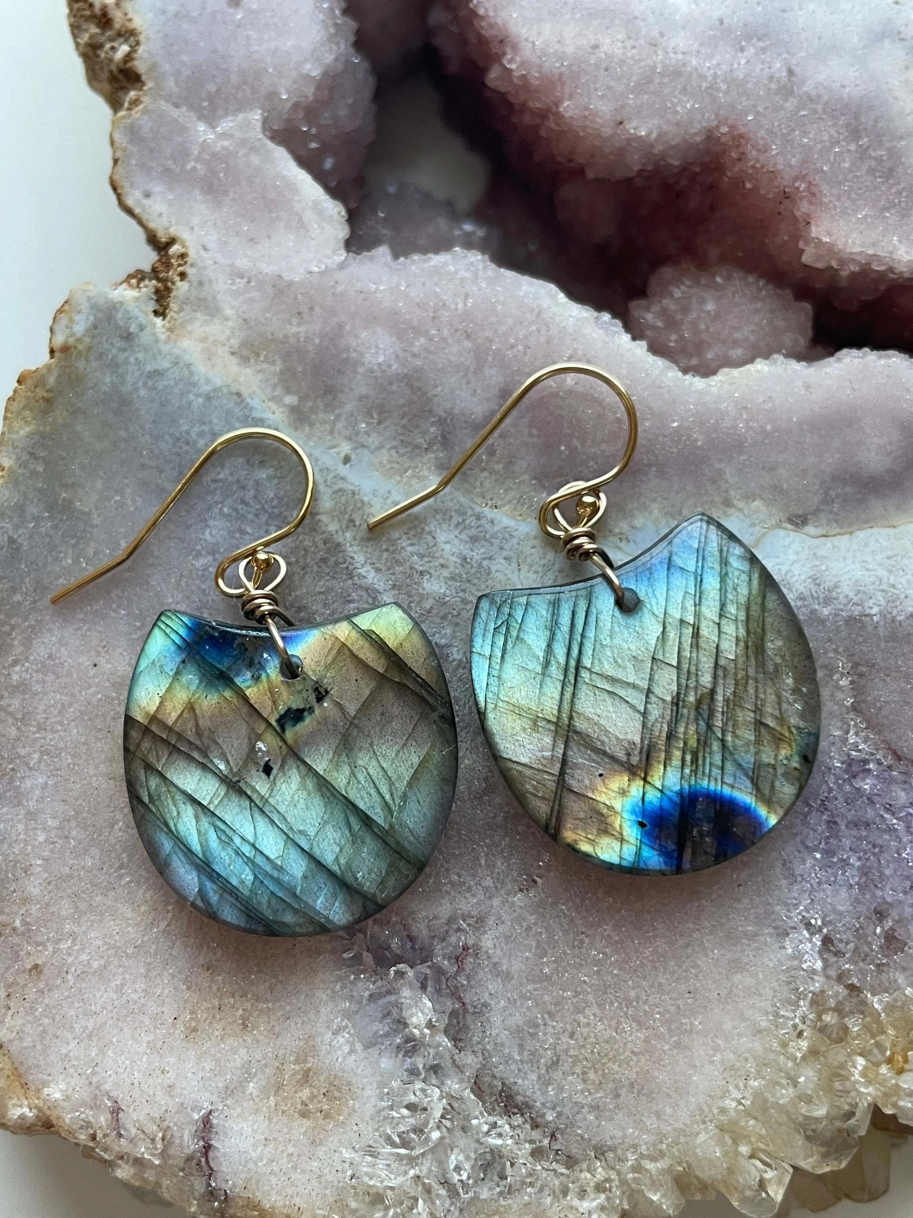 Gold Labradorite Dangle Drop Crystal Earrings