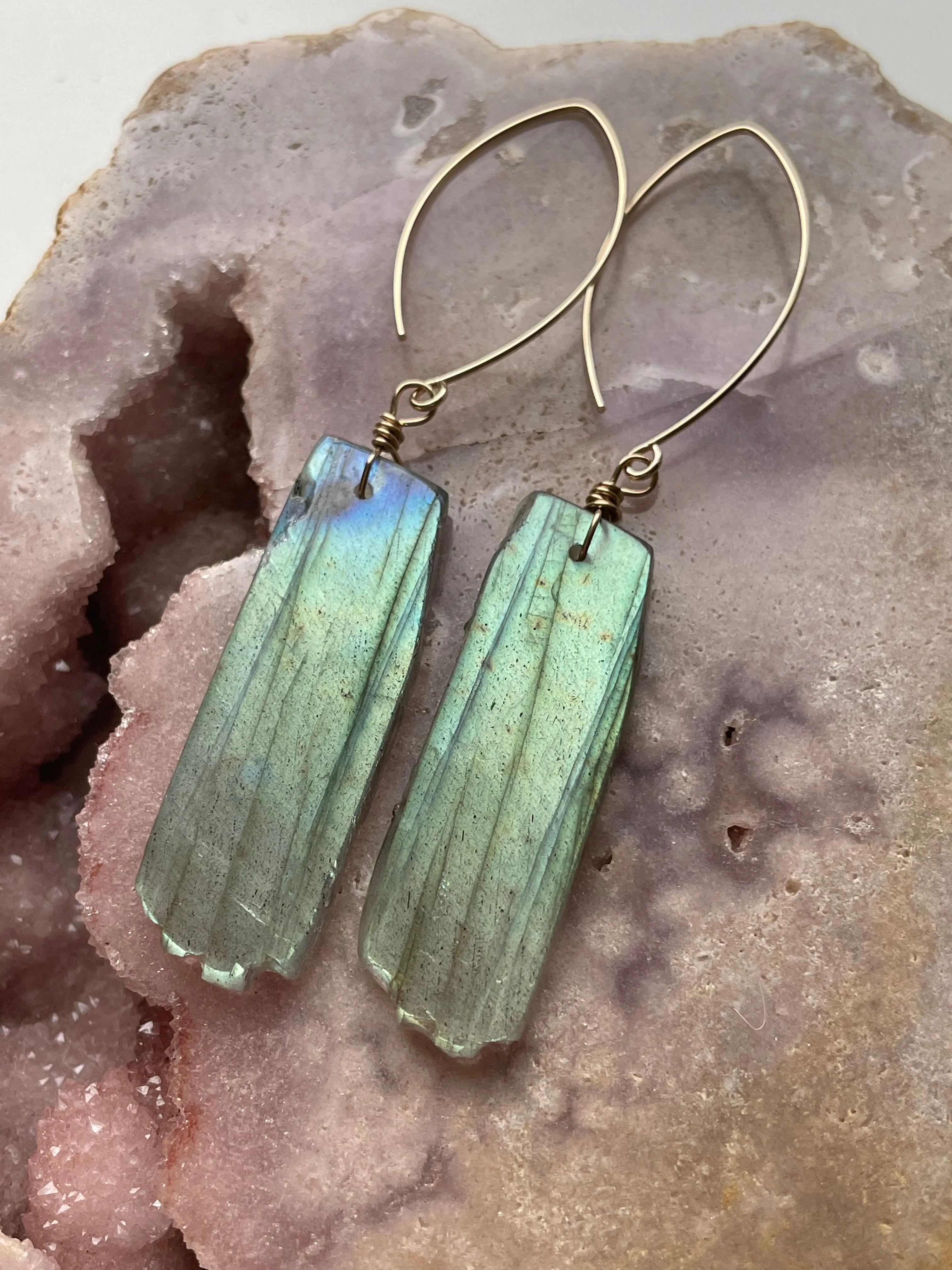 Gold Labradorite Dangle Drop Crystal Earrings