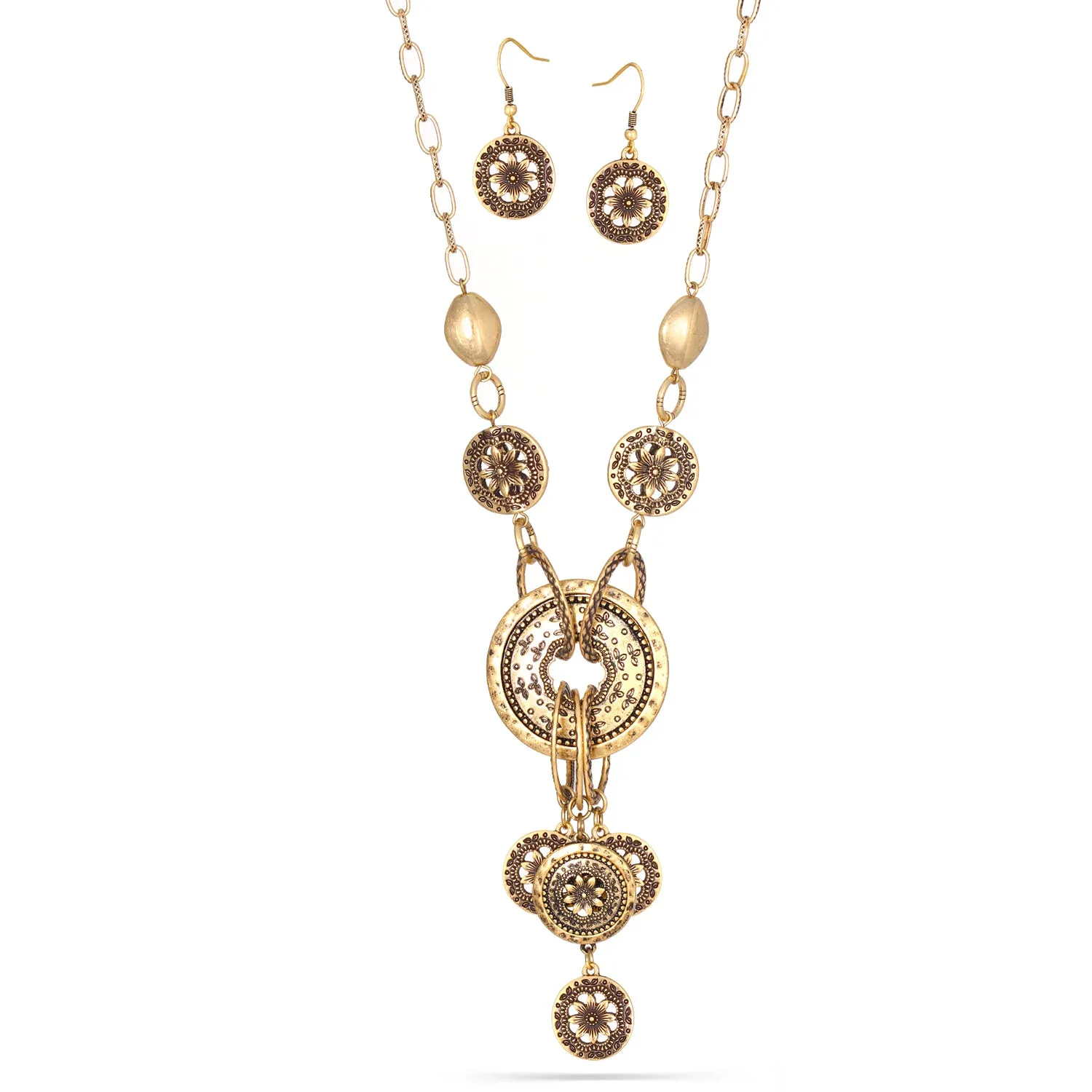 GOLD OXIDIZED DISC CHARMS EARRINGS AND  NECKLACES SET #HNN E86986GDOX
