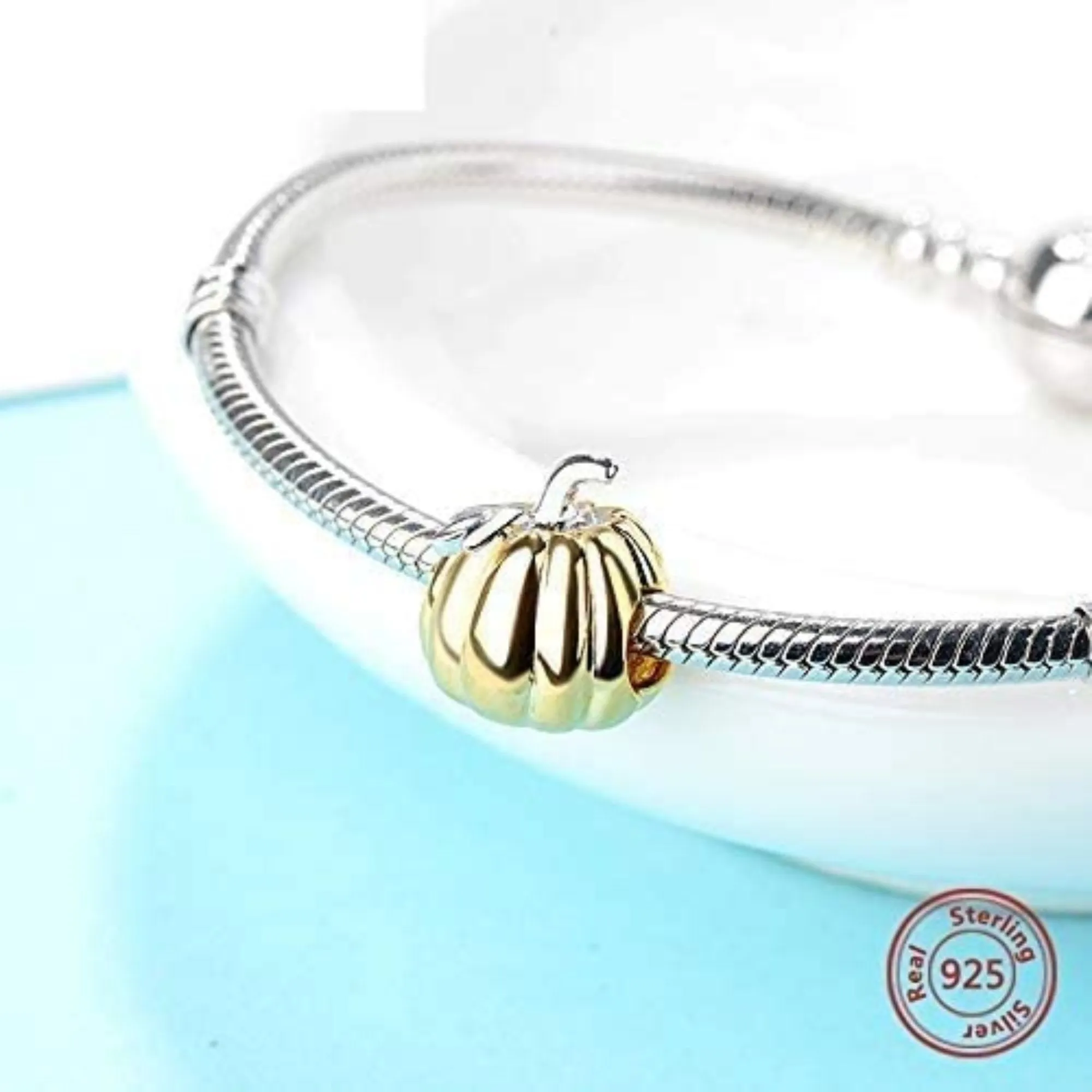 Gold Pumpkin Silver Bead Charm