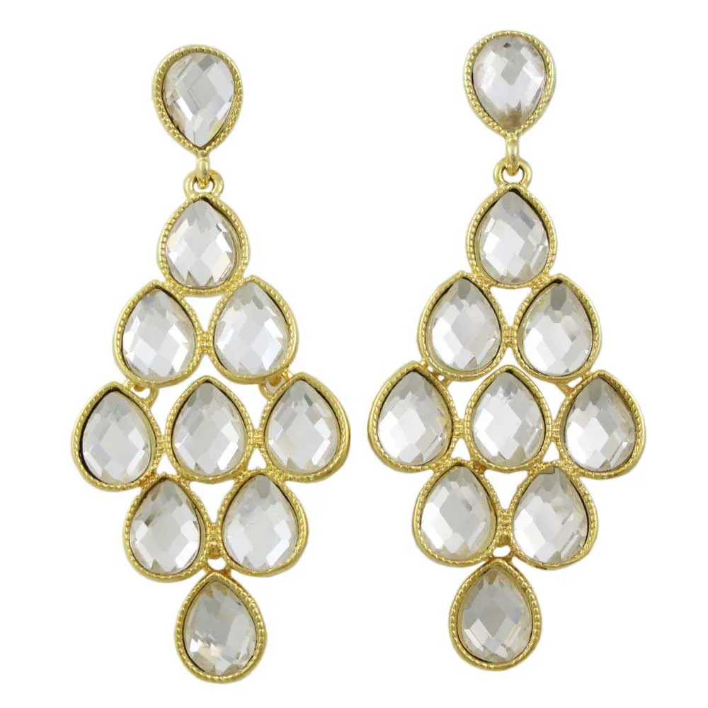 Gold with Dangling Clear Teardrops Pierced Earring - REC553