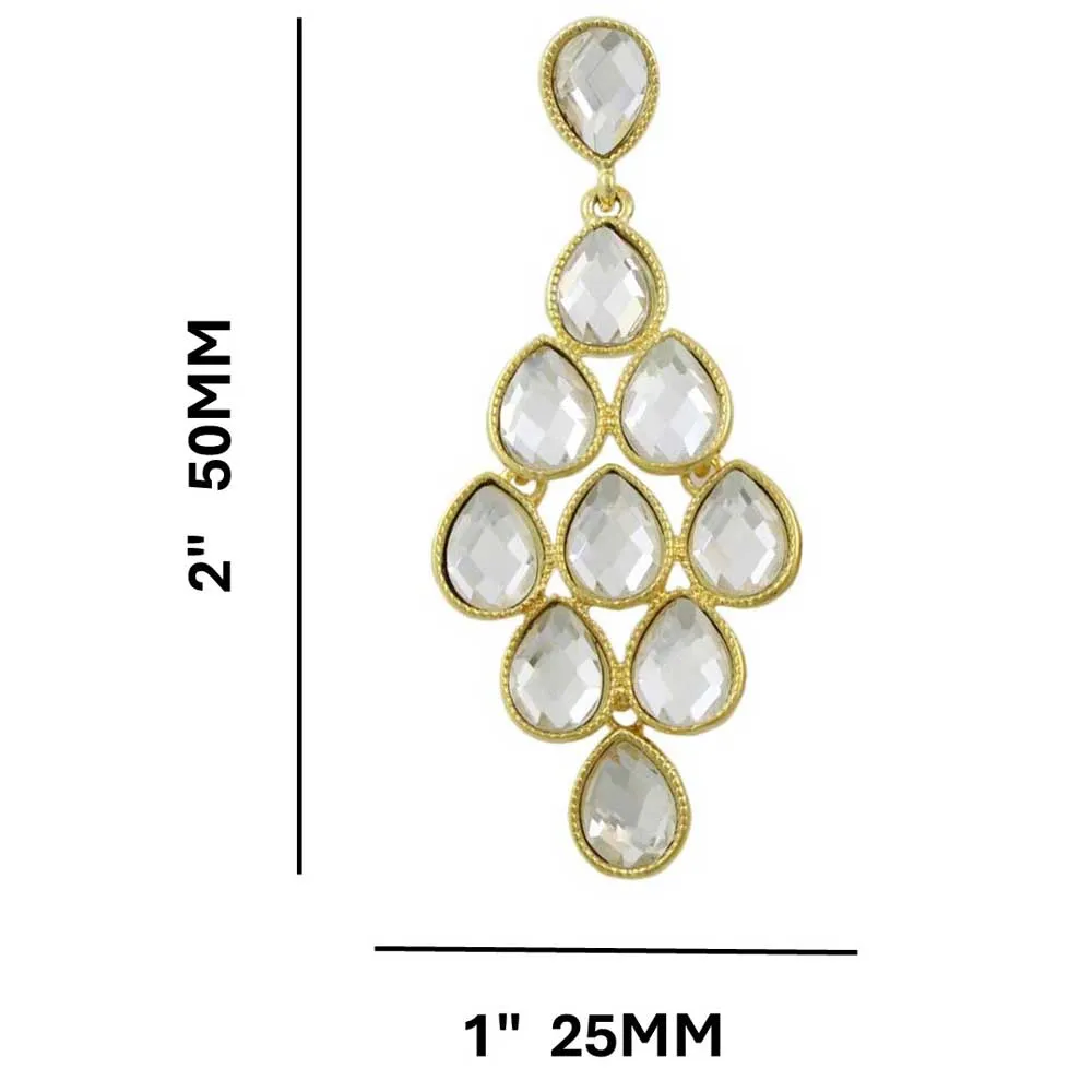 Gold with Dangling Clear Teardrops Pierced Earring - REC553